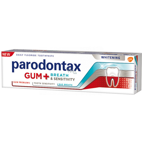 Parodontax Gum+Breath and Sensitivity Whitening Toothpaste 75 ml -- بارادونتاكس علكة +تنفسي ومعجون تبييض حساسي معجون أسنان 75مل